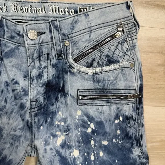 NEW Rock Revival Moto EAN Men's Jeans Acid Wash Blue Zippers 32x33 Stretch